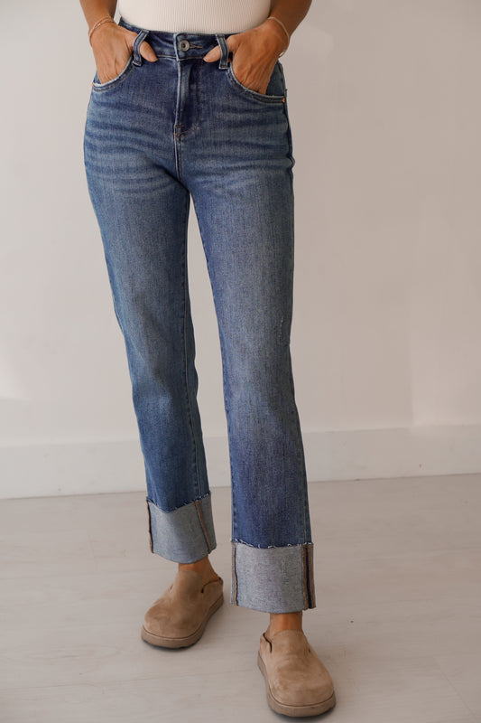 BAYEAS High Rise Straight Leg Cuffed Jean